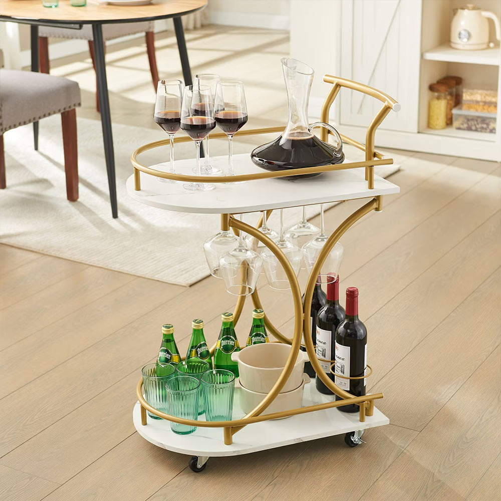 A Golden Wine Cart With Glass Shelves On The 2nd Floor Bar