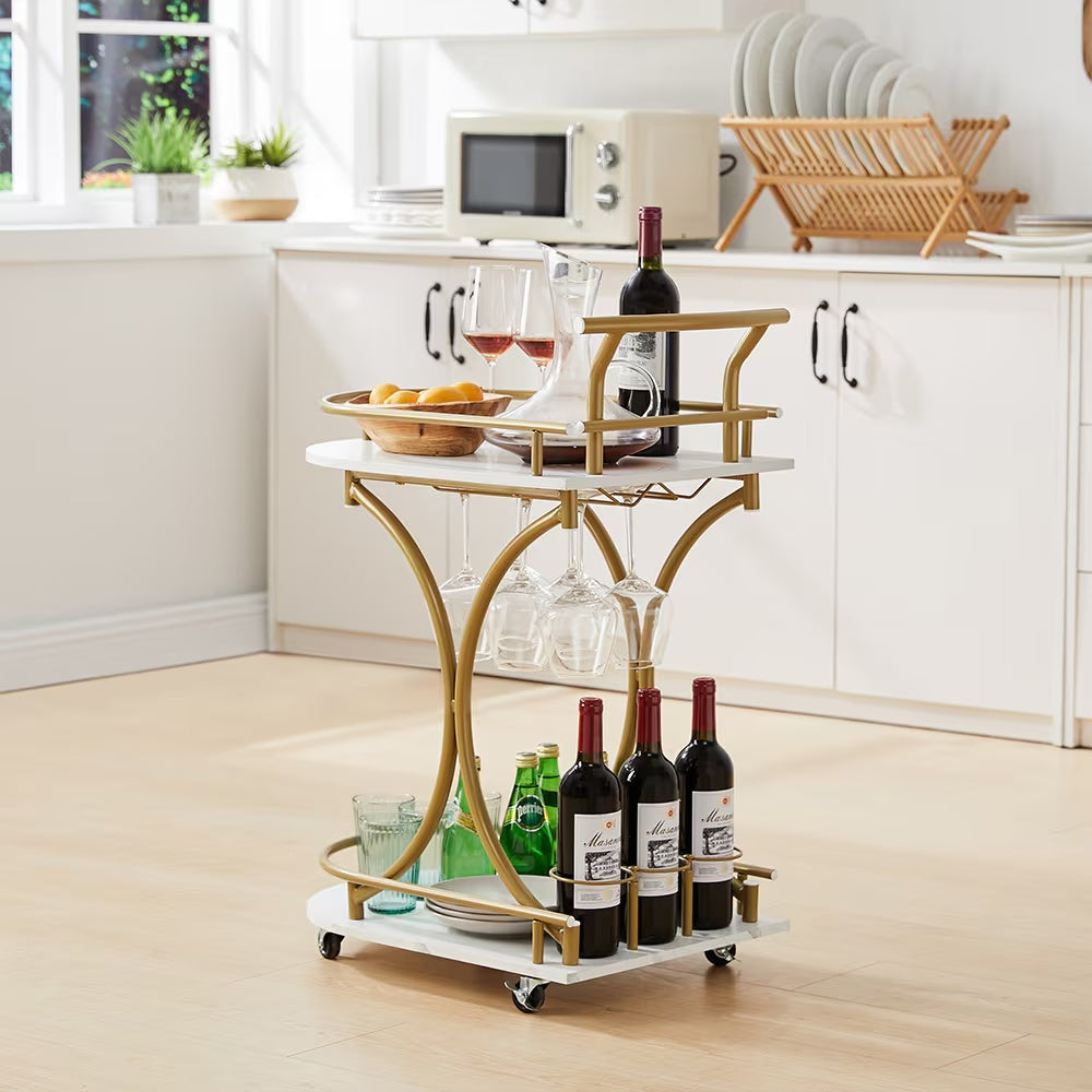 A Golden Wine Cart With Glass Shelves On The 2nd Floor Bar