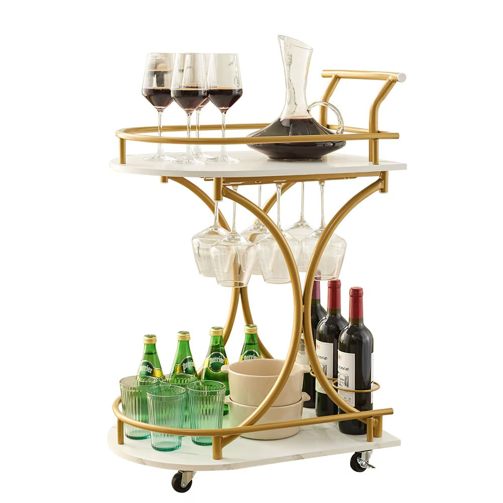 A Golden Wine Cart With Glass Shelves On The 2nd Floor Bar