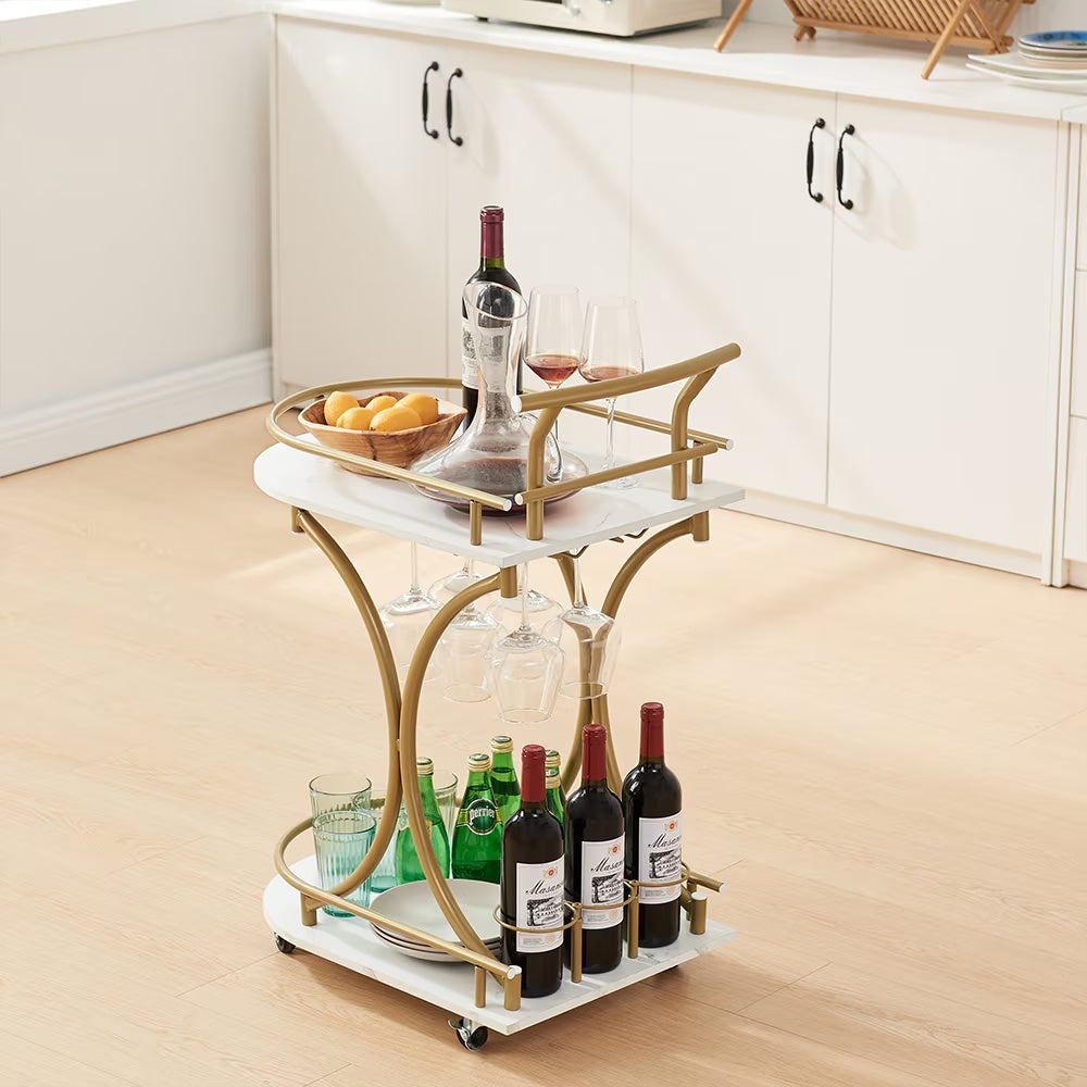 A Golden Wine Cart With Glass Shelves On The 2nd Floor Bar