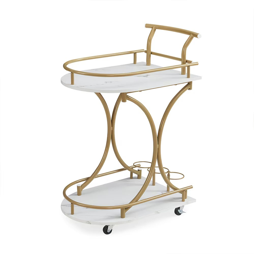 A Golden Wine Cart With Glass Shelves On The 2nd Floor Bar