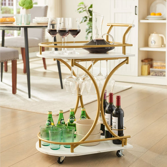 A Golden Wine Cart With Glass Shelves On The 2nd Floor Bar